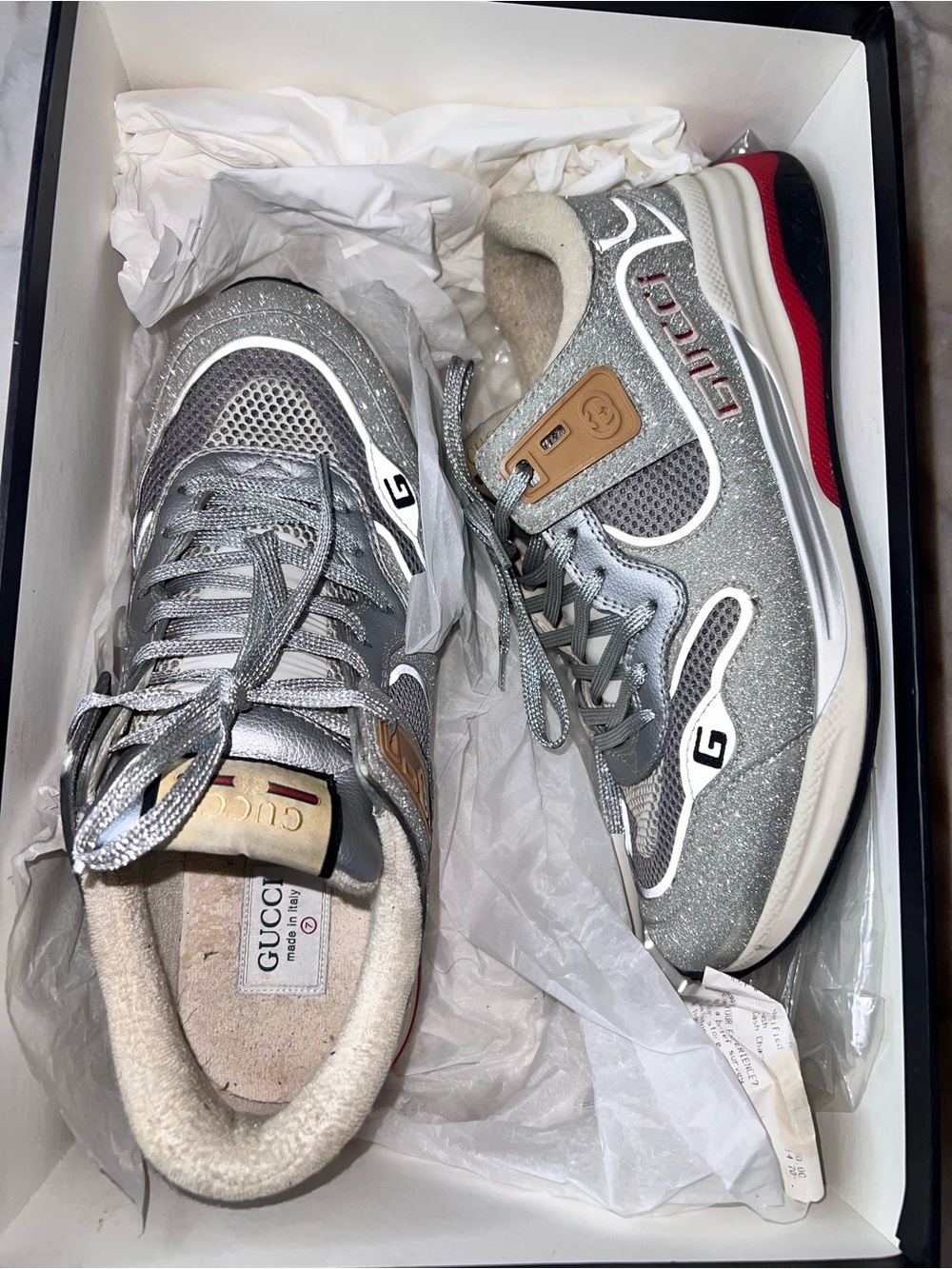 Men’s Gucci Silver Glitter & Red Accent Runner Sneakers | 7 |